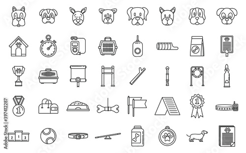 Dog handler trainer icons set. Outline set of dog handler trainer vector icons for web design isolated on white background