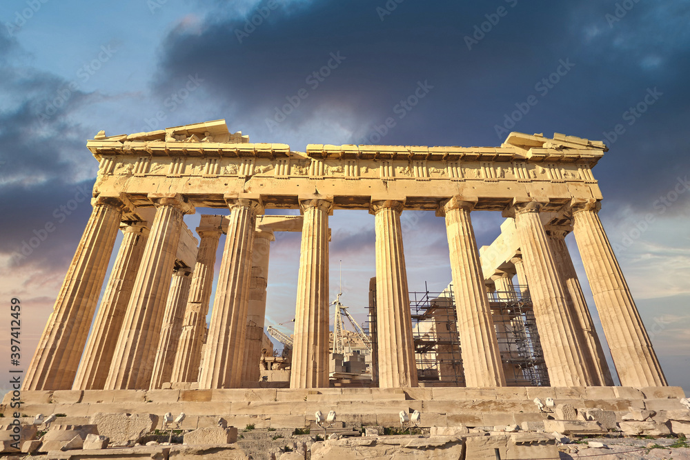 Parthenon antique temple and scenic sky on Acropolis of Athens Greece