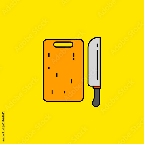 Chopping board and knife vector illustration isolated on yellow background. Linear color style of chopping board icon