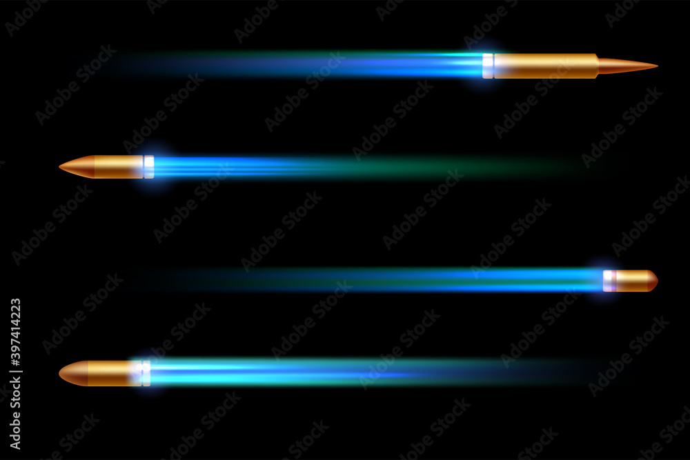 Realistic flying bullet with a flamethrower shot isolated on black background Realistic flying bullet with a flamethrower shot isolated on black background
