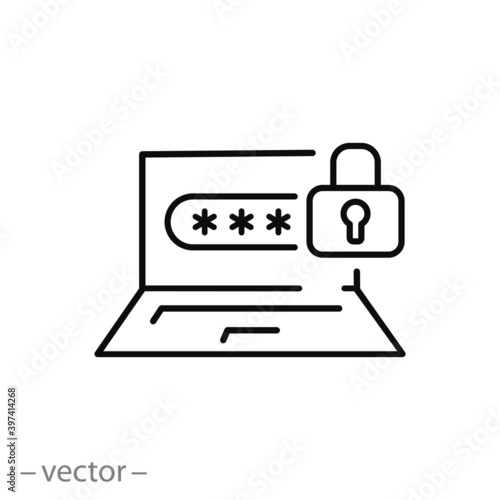 computer with user password icon, login account registration in the laptop, lock site, thin line symbol on white background - editable stroke vector illustration