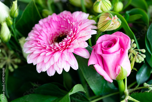 Close up pink Dahlia and rose in bouguet