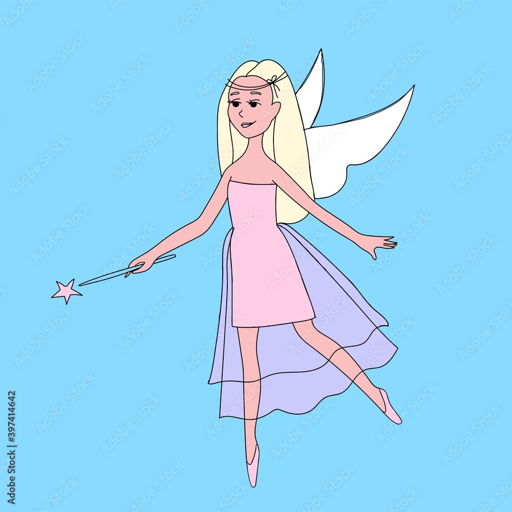 Angel girl with white wings and cute dress, Cupid for Valentine's Day, Charming fairy with blond hair and magic wand, vector illustration in doodle style, isolate on a colored background