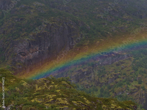 Closeup view of stunning colorful rainbow in front of mountains covered by green vegetation on the coast of Raftsundet strait on Austvågøya island, Loften, Norway on summer day with unsettled weather.