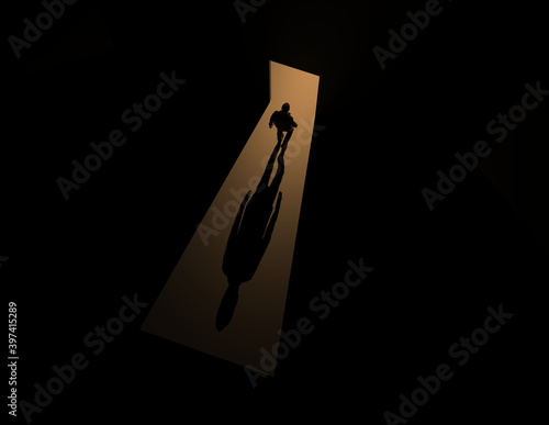 A man silhouette against the bright light 3D illustration