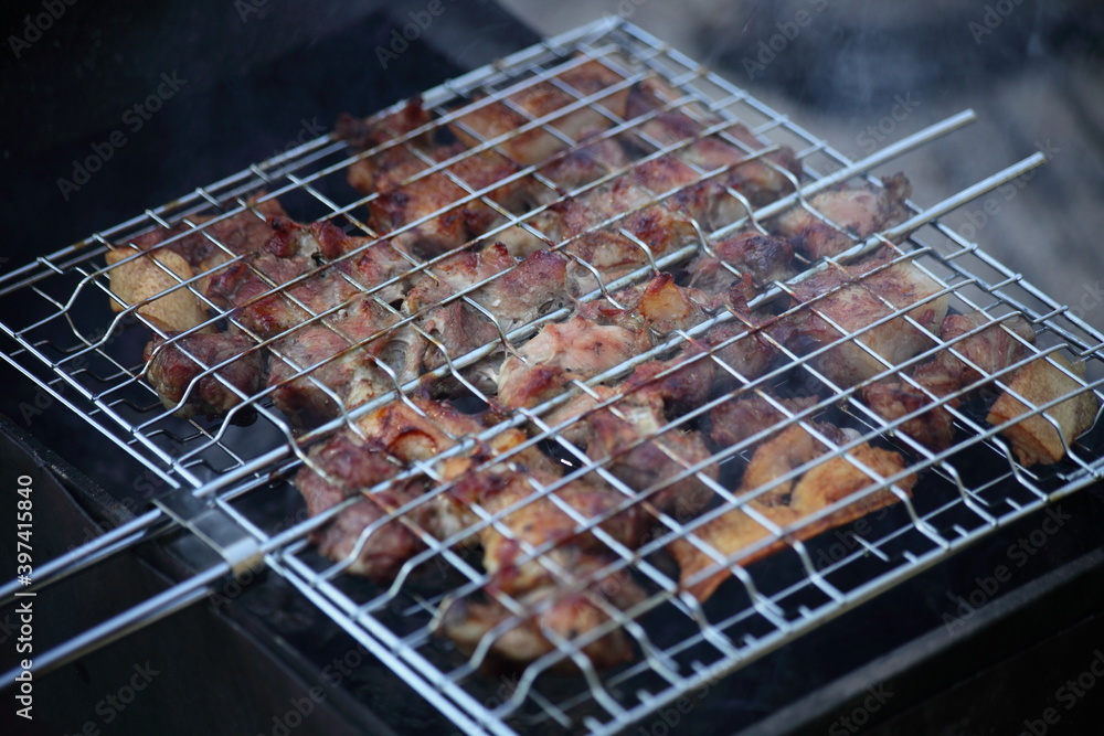 Tasty crisp mix meat barbecue on a metal grid in the grill closeup - outdoor kitchen, party, recreation, healthy food