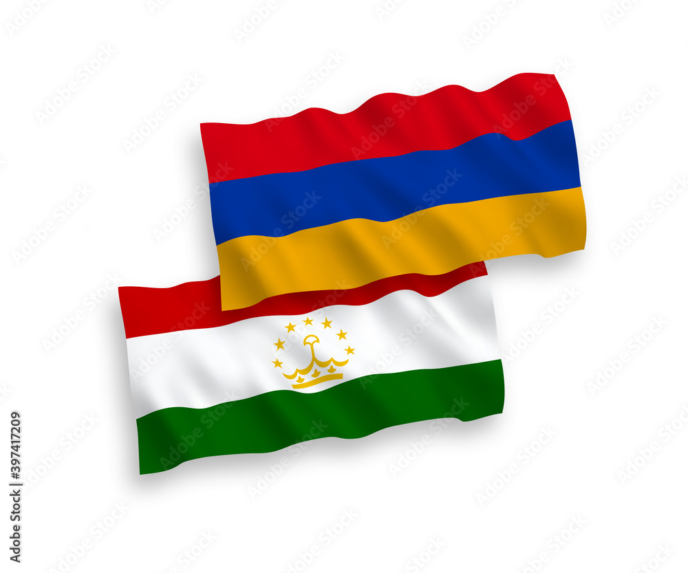 National vector fabric wave flags of Tajikistan and Armenia isolated on white background. 1 to 2 proportion. National vector fabric wave flags of Tajikistan and Armenia isolated on white background. 1 to 2 proportion.