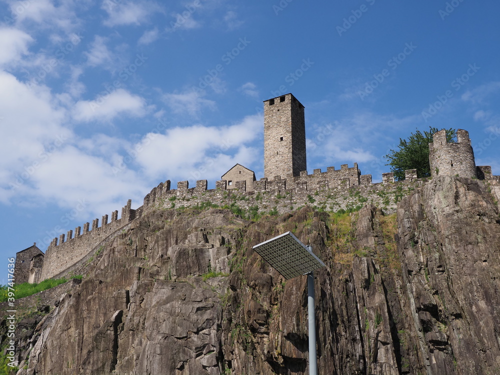 Rocky promontory with castel grande in Bellinzona city in Switzerland