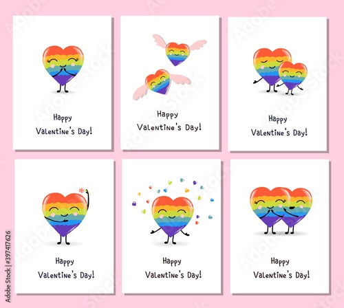 Rainbow hearts for celebration design. Decorative symbol. Bright decoration. Party invitation. Holiday greeting card. Trendy vector style