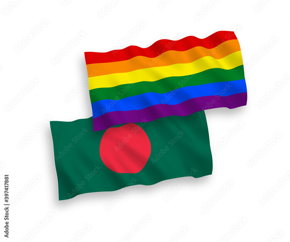 Obraz premium National vector fabric wave flags of Rainbow gay pride and Bangladesh isolated on white background. 1 to 2 proportion.