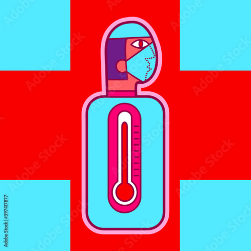 Illustration of doctor with mask in thermometer with red cross
