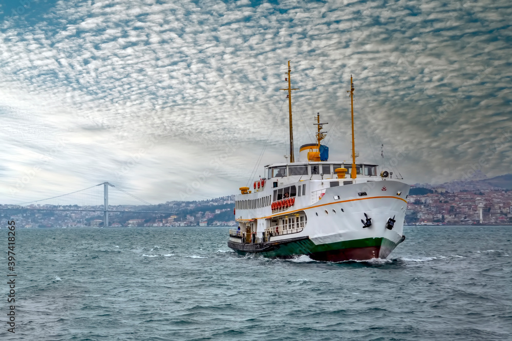 Beautiful View touristic landmarks from sea voyage on Bosphorus. turkish steamboats, view on Golden Horn.