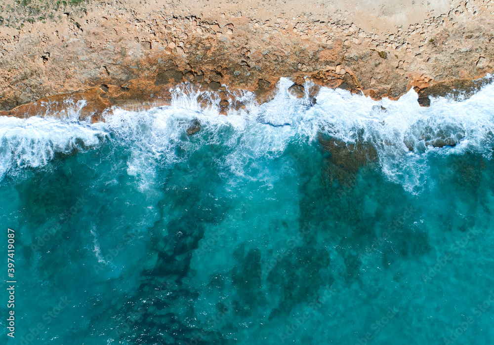 Wonderful turquoise water in ses salines, Palma de Mallorca, Balearic Islands, Drone.