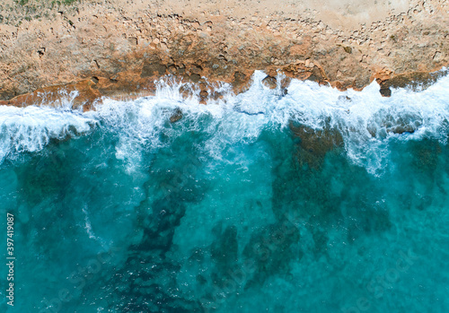 Wonderful turquoise water in ses salines, Palma de Mallorca, Balearic Islands, Drone.