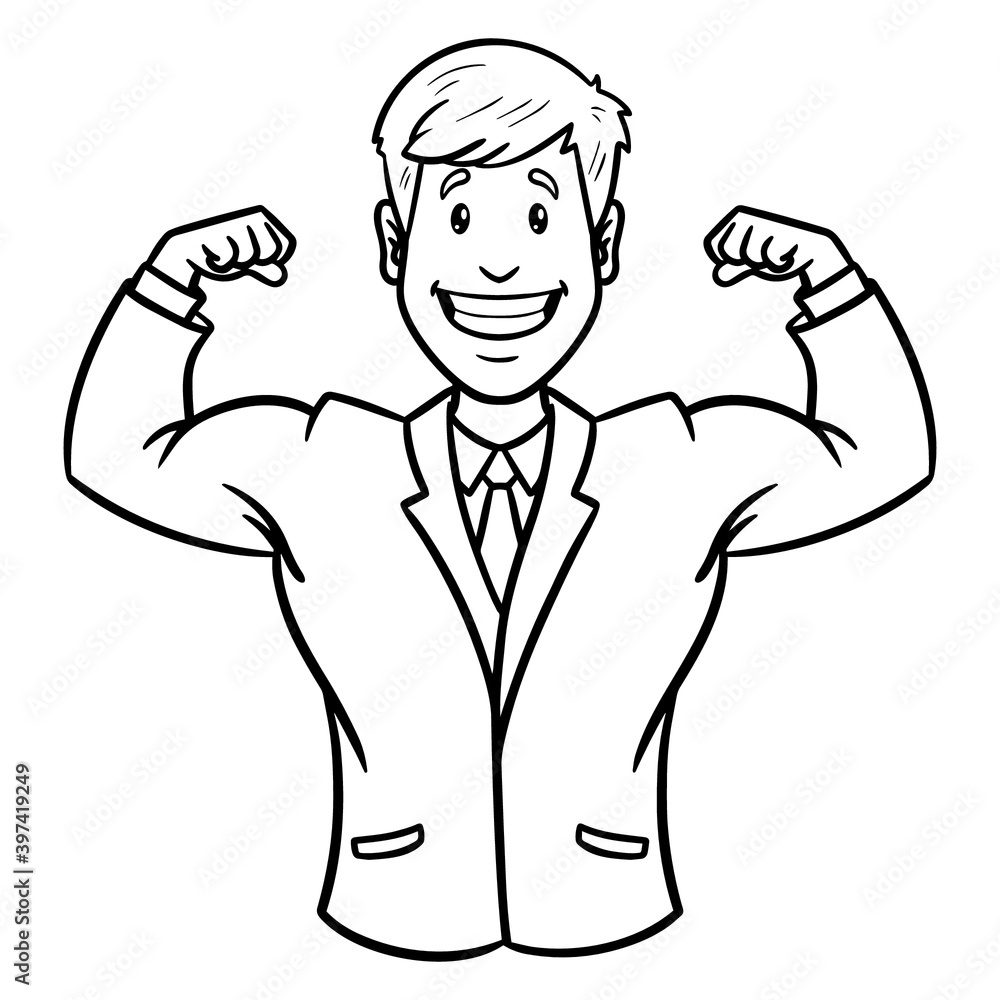 businessman in suit shows his muscles. winner, first, comic, outline, avatar, monochrome. businessman in suit shows his muscles. winner, first, comic, outline, avatar, monochrome.