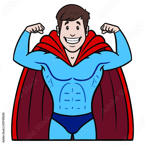 superhero tenses muscles. comic, avatar, cape.
