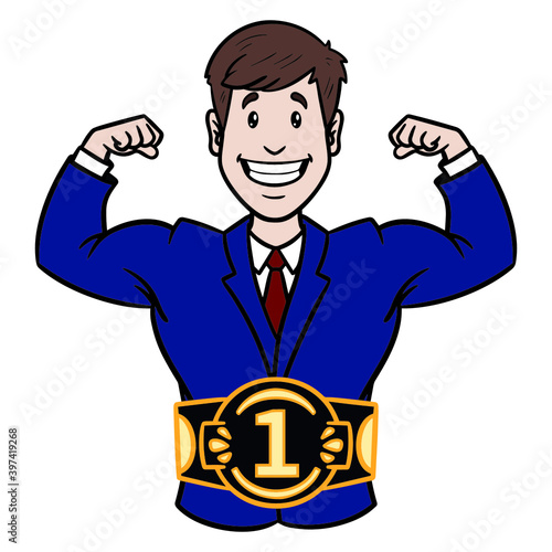 Businessman with suit and away inner belt. muscles, bodybuilding, comic, avatar.