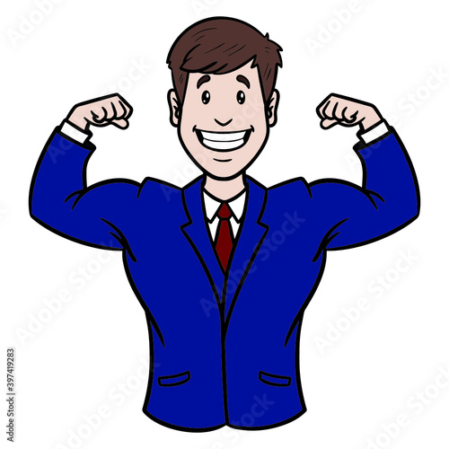 businessman in a suit tenses his muscles.