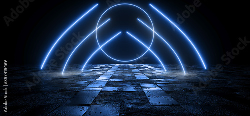 Fototapeta Naklejka Na Ścianę i Meble -  Spaceship Neon Glowing Blue Vibrant Sci Fi Futuristic Concrete Underground Tunnel Corridor Hallway Circle Light Dark Background 3D Rendering