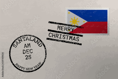 Postage stamp envelope with Philippines flag and Christmas and New Year stamps, vector