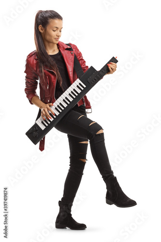 Cool female playing a keytar synthesizer