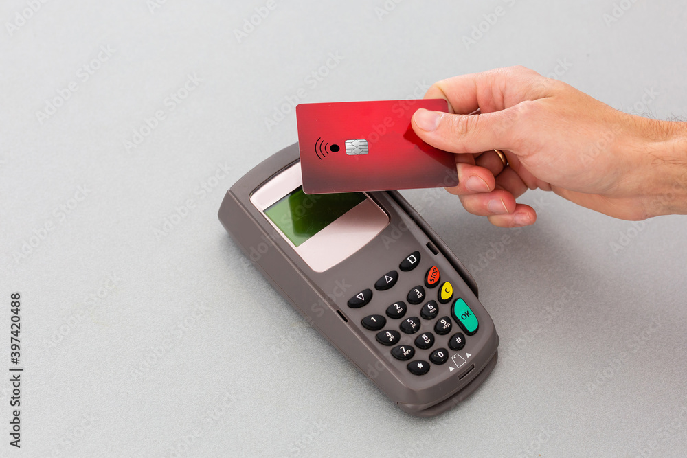 credit card terminal, credit card on table background credit card terminal, credit card on table background