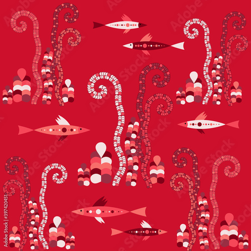 Seaweed and fish in the sea. Underwater world. Seamless pattern. Vector illustration for web design or print. photo