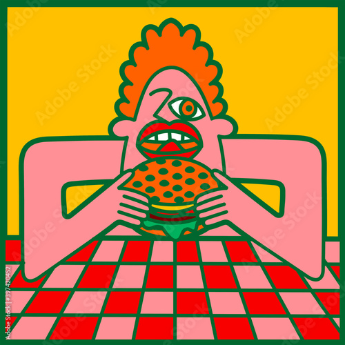 Illustration of a redhead man eating a burger