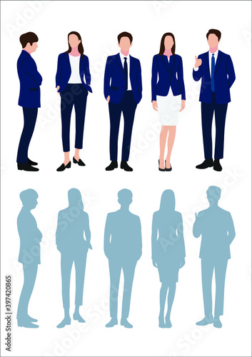 Businessman and women with suits standing in white background, Businessman people, group of men and women, wearing working outfit, shadow