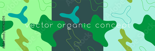 Organic seamless pattern and vegetarian background with liquid shapes. Modern ornament. Green packaging design template. Label tag design, vegan food, natural eco cosmetic, bio concept, nature concept