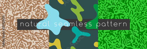 Organic seamless pattern and vegetarian background with liquid shapes. Modern ornament. Green packaging design template. Label tag design, vegan food, natural eco cosmetic, bio concept, nature concept