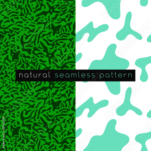 Organic seamless pattern and vegetarian background with liquid shapes. Modern ornament. Green packaging design template. Label tag design, vegan food, natural eco cosmetic, bio concept, nature concept