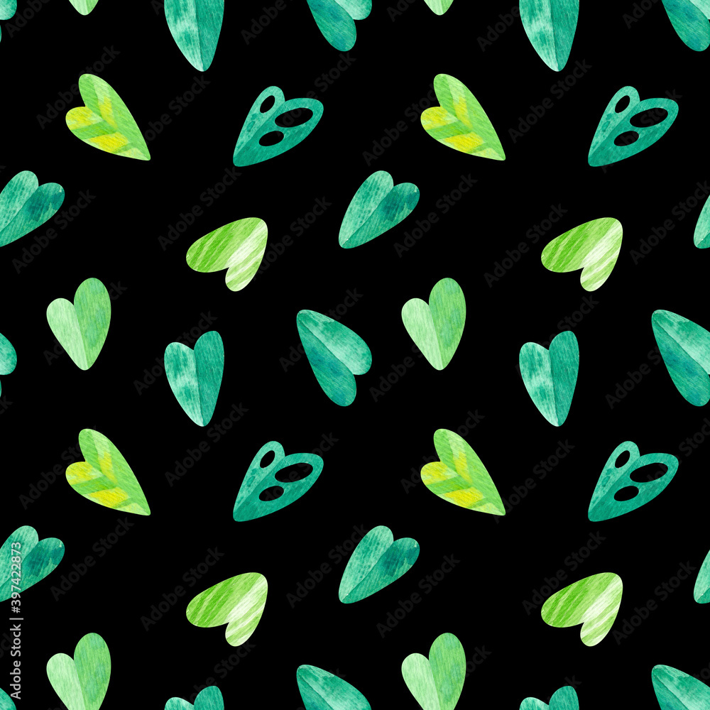 Exotic jungle, monstera leaves heart shape, foliage, plants flora. Summer season mood seamless pattern on dark background. Tropical exotic greens watercolor illustration. Exotic jungle, monstera leaves heart shape, foliage, plants flora. Summer season mood seamless pattern on dark background. Tropical exotic greens watercolor illustration.