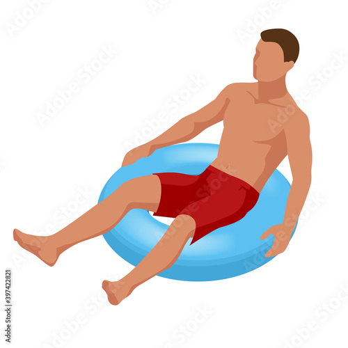 Isometric young man on air mattress in the big swimming pool. Summer holiday idyllic. Enjoying suntan. Vacation concept.