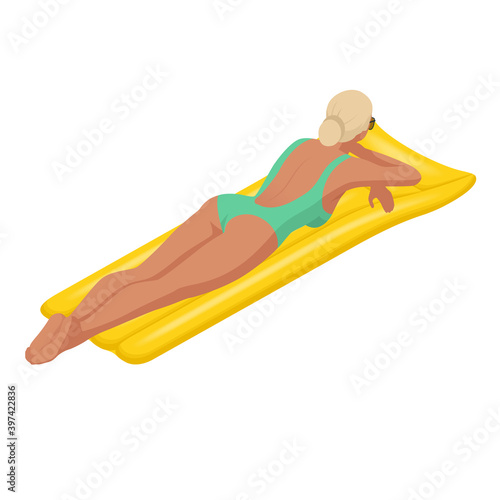 Isometric young woman on air mattress in the big swimming pool. Summer holiday idyllic. Enjoying suntan. Vacation concept.