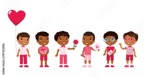 Little boys celebrating Valentines Day. Dark skin smiling kids  in cute pink accessories holding balloons, flowers isolated cartoon characters set. Children with February 14 holiday presents