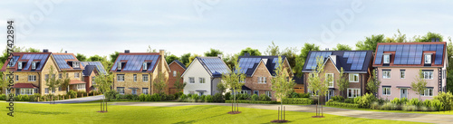 Beautiful new homes with solar panels on the roof
