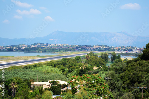 Airport of Corfu island seen from Kanoni area, Greece.