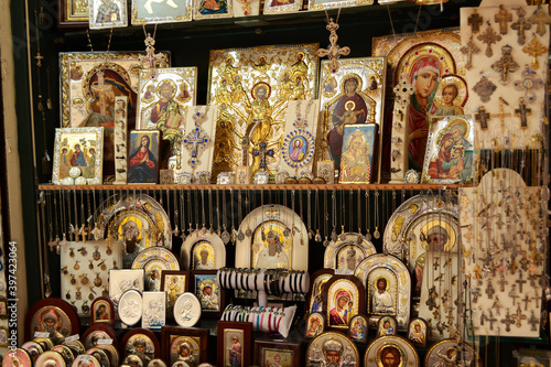 Fotografija Orthodox icons and crucifixes, souvenirs, Corfu, Greece.
