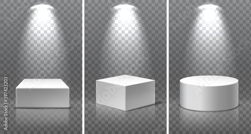 Set of museum exposition blank product stands. 3d realistic vector square, round and at the angle podium with spot lights and transparent background.