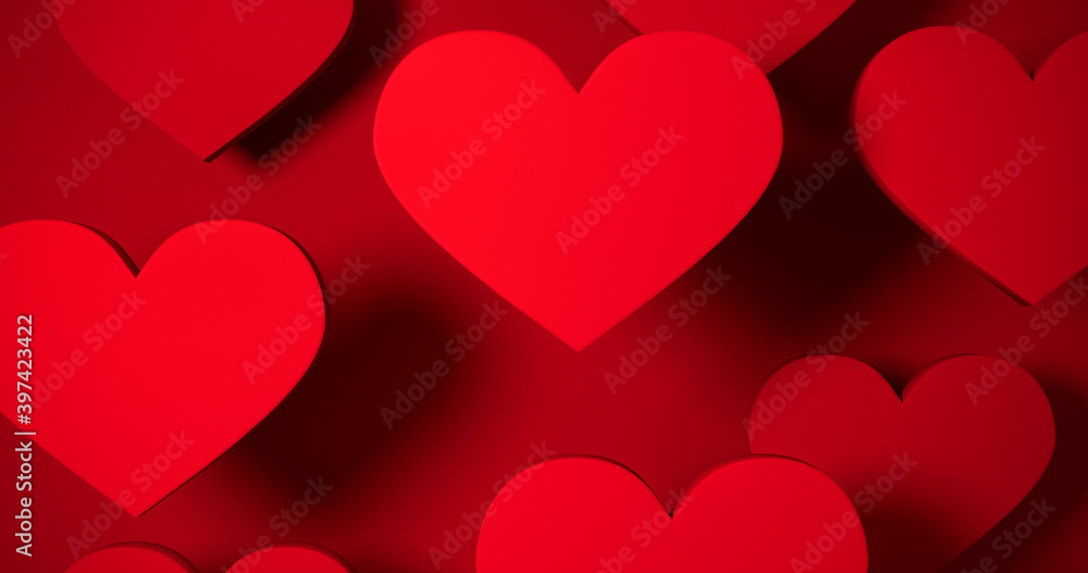 Volume hearts on red background. 3d rendering. Texture for  valentine's day or wedding  card. Horizontal composition