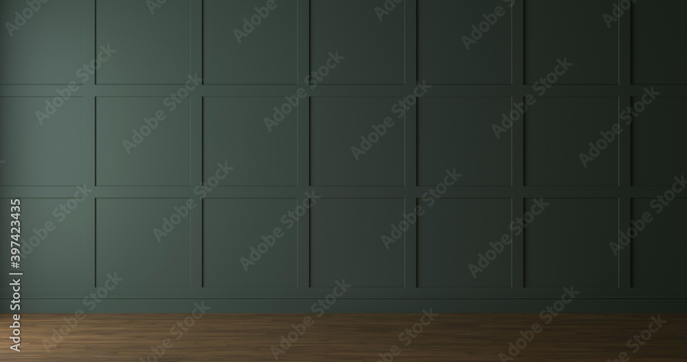 Dark green wall with molding and wood parquet floor. 3d render Stock ...