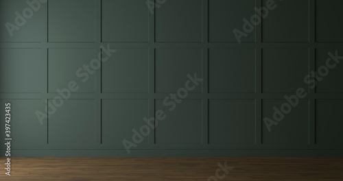 Dark green wall with molding and wood parquet floor. 3d render photo