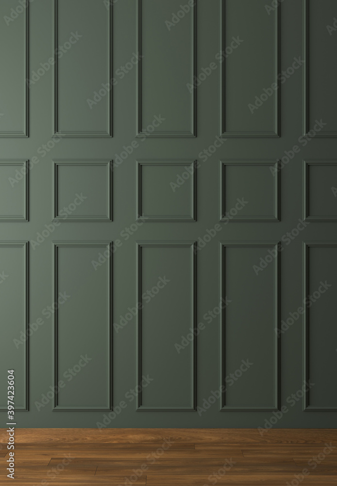 Dark green wall with molding and wood parquet floor. 3d render ...