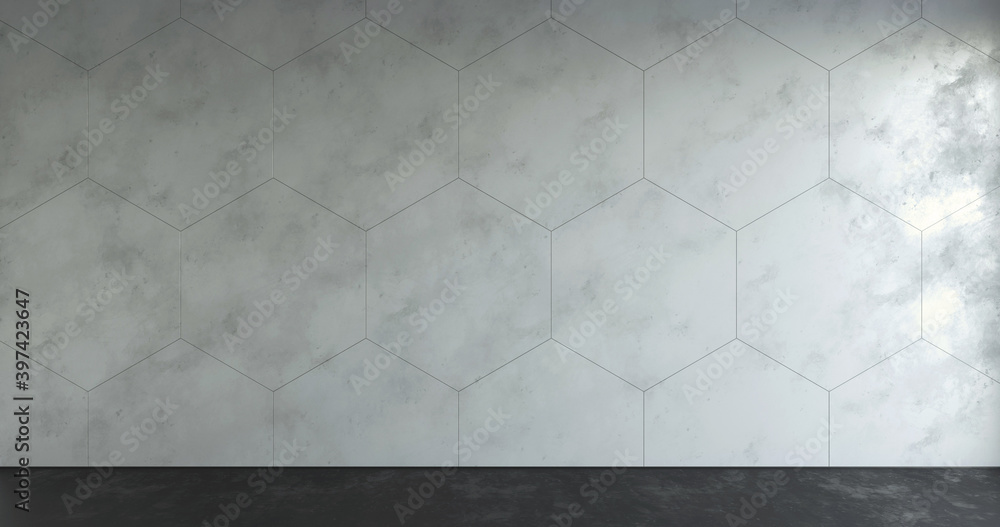 Grey hexagon concrete wall  and black floor. 3d render. Horizontal composition. Frontal view. Side light