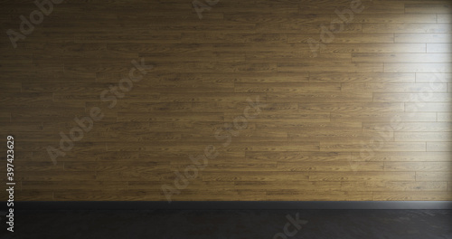 Wooden planks wall with solid black bulk floor and black skirting board. 3d render. Horizontal composition