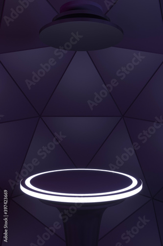 Futuristic dark purple triangle background with neon lighted lines on podium to display your product. 3d render