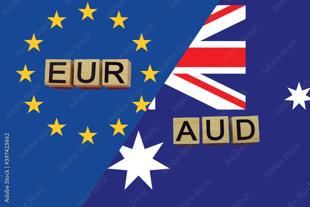 Fototapeta premium United Europe and Australia currencies codes on national flags background