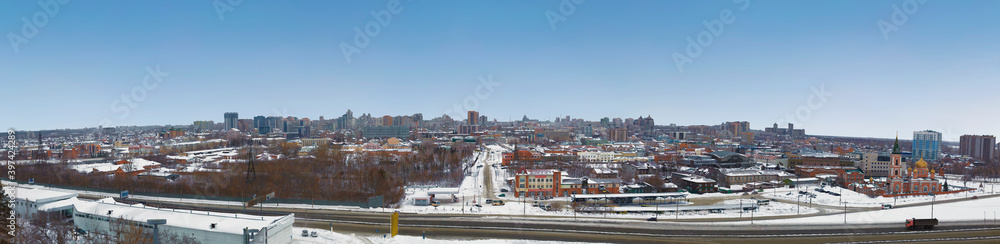Top view of the city of Barnaul from the observation deck of the Nagorny Park. Barnaul, Russia