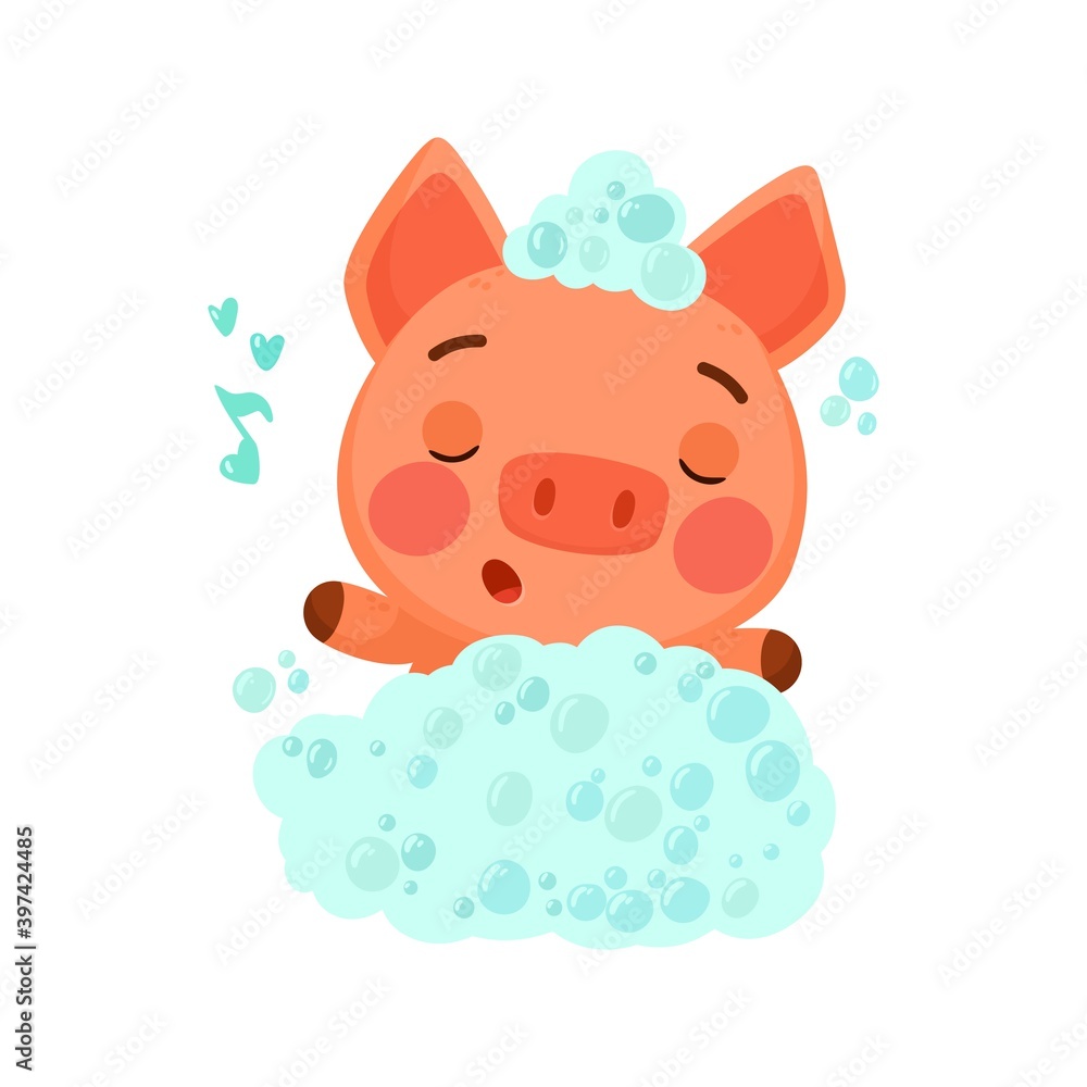 Valentine's day clipart. A cute piglet in love sings a love song in his soul. Vector printable illustration with cartoon characters